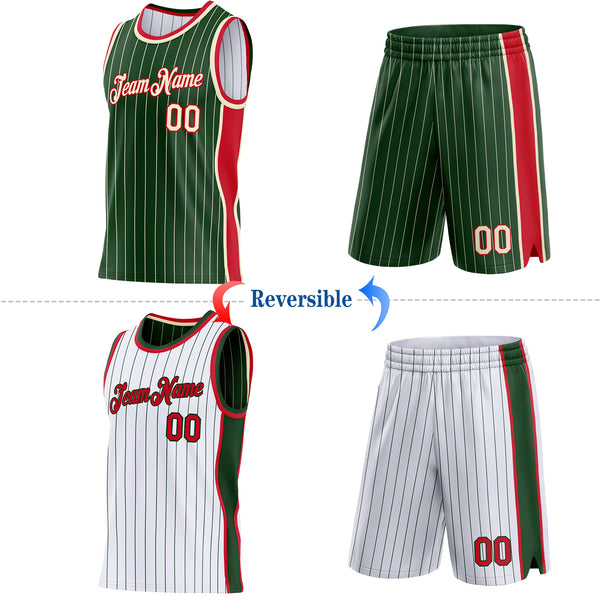 Custom Green Cream & White Green Pinstripe Side Panels Reversible Double Side Sublimation Basketball Set Jersey