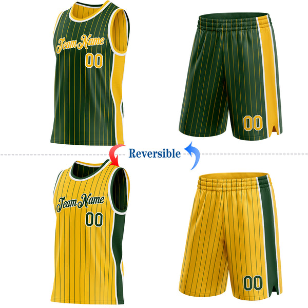 Custom Green Gold Pinstripe-White Side Panels Reversible Double Side Sublimation Basketball Set Jersey