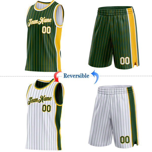 Custom Green Gold Pinstripe-White Side Panels Reversible Double Side Sublimation Basketball Set Jersey