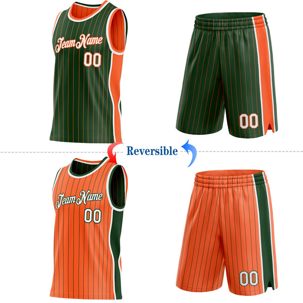 Custom Green Orange Pinstripe-White Side Panels Reversible Double Side Sublimation Basketball Set Jersey