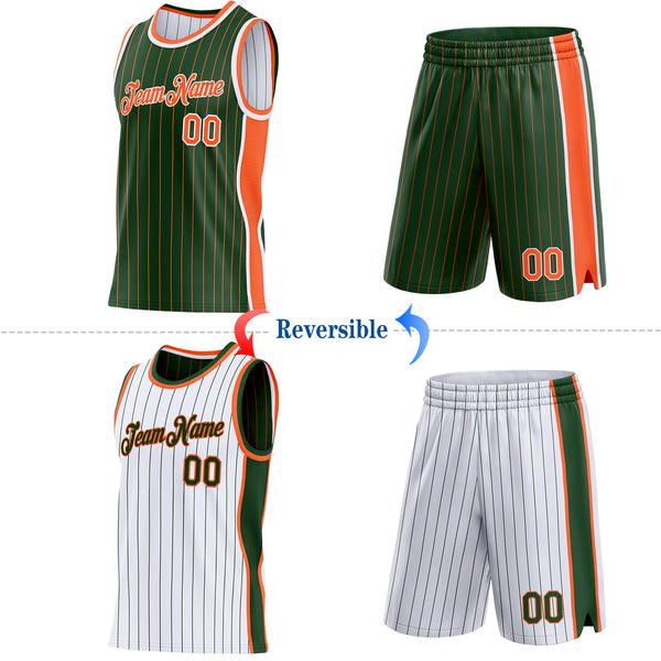 Custom Green Orange Pinstripe-White Side Panels Reversible Double Side Sublimation Basketball Set Jersey