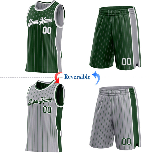 Custom Green Gray Pinstripe-White Side Panels Reversible Double Side Sublimation Basketball Set Jersey