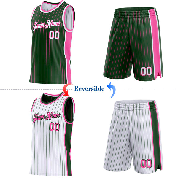 Custom Green Pink Pinstripe-White Side Panels Reversible Double Side Sublimation Basketball Set Jersey