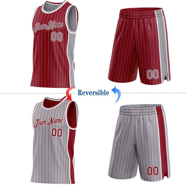 Custom Maroon Gray Pinstripe-White Side Panels Reversible Double Side Sublimation Basketball Set Jersey