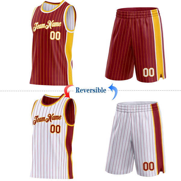 Custom Maroon Gold Pinstripe-White Side Panels Reversible Double Side Sublimation Basketball Set Jersey