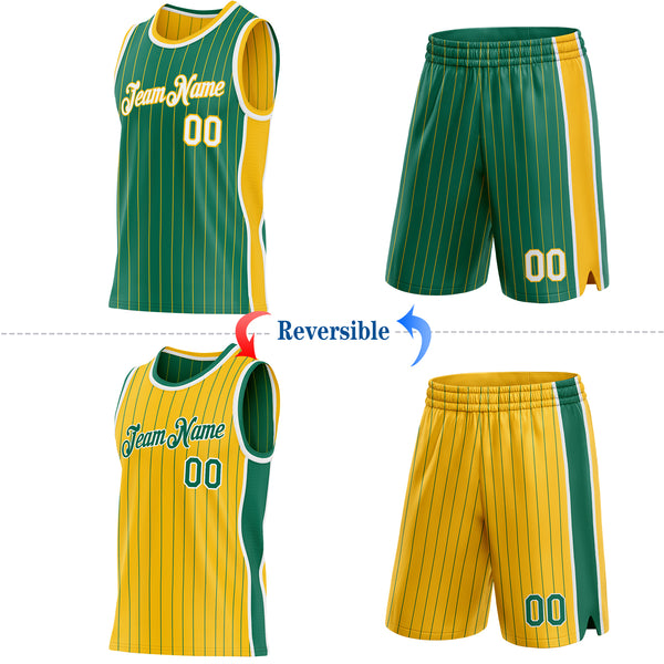 Custom Kelly Green Gold Pinstripe-White Side Panels Reversible Double Side Sublimation Basketball Set Jersey