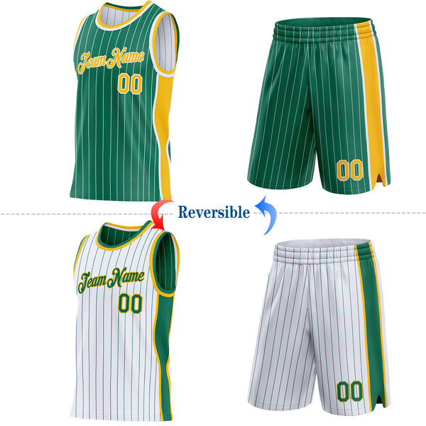 Custom Kelly Green White Pinstripe-Gold Side Panels Reversible Double Side Sublimation Basketball Set Jersey