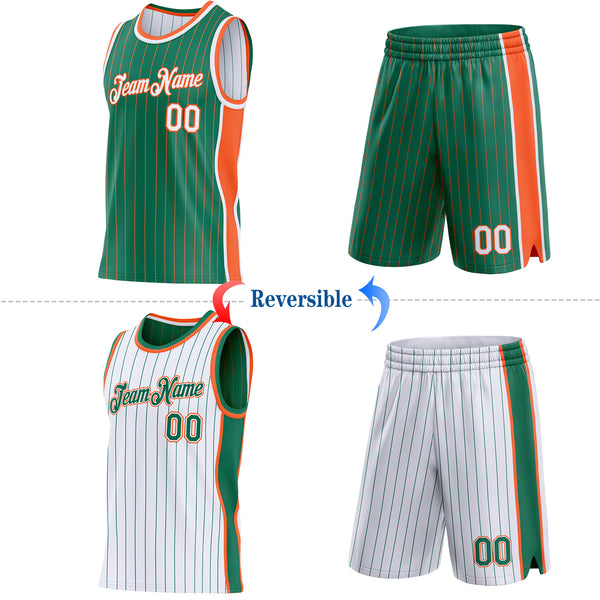 Custom Kelly Green Orange Pinstripe-White Side Panels Reversible Double Side Sublimation Basketball Set Jersey