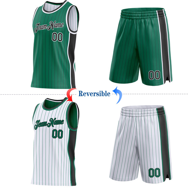 Custom Kelly Green Black Pinstripe-White Side Panels Reversible Double Side Sublimation Basketball Set Jersey