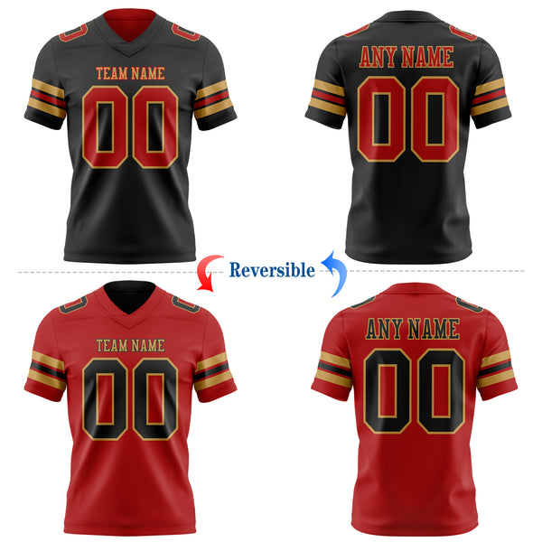 Custom Black Red-Old Gold Reversible Double Side Authentic Football Jersey