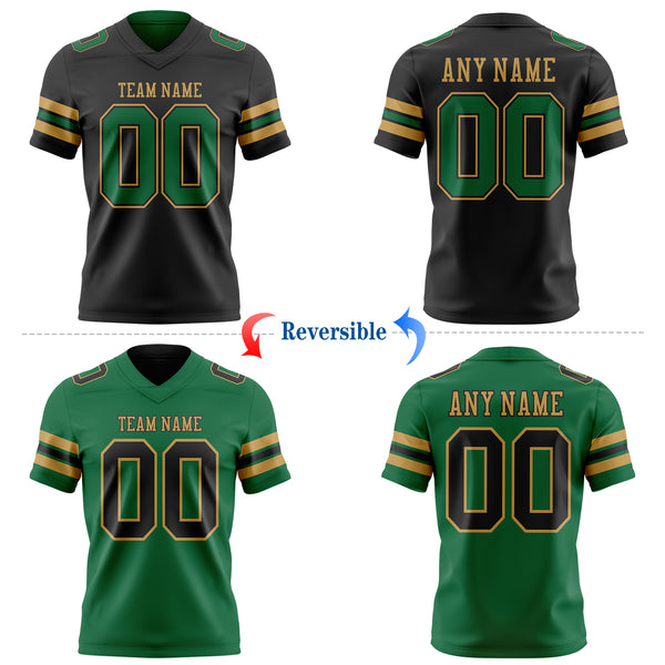 Custom Black Kelly Green-Old Gold Reversible Double Side Authentic Football Jersey