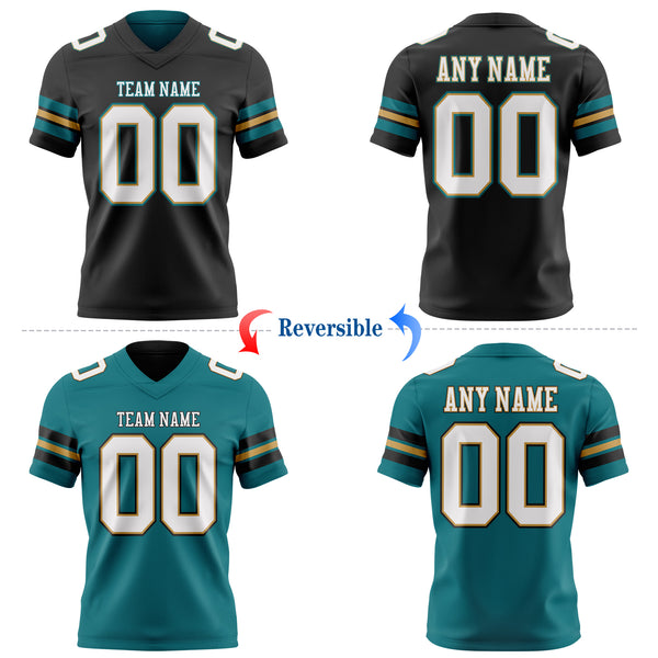 Custom Black White Old Gold-Teal Reversible Double Side Authentic Football Jersey