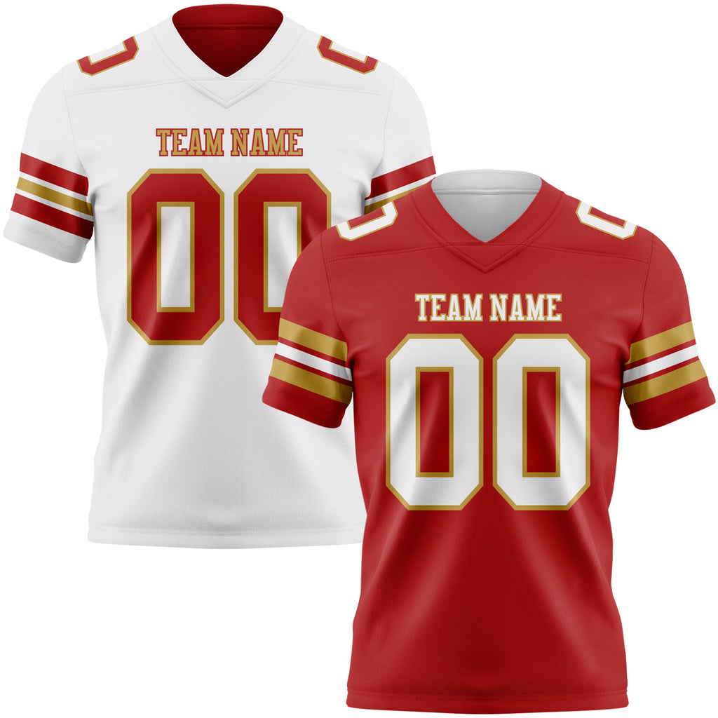 Custom Red White-Old Gold Reversible Double Side Authentic Football Jersey