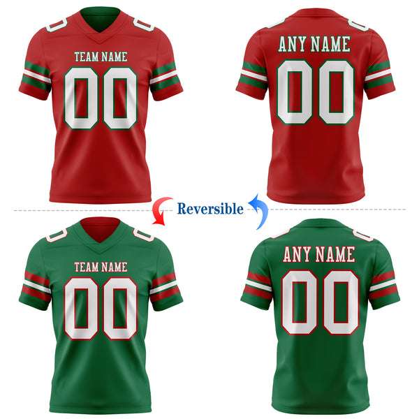 Custom Red White-Kelly Green Reversible Double Side Authentic Football Jersey