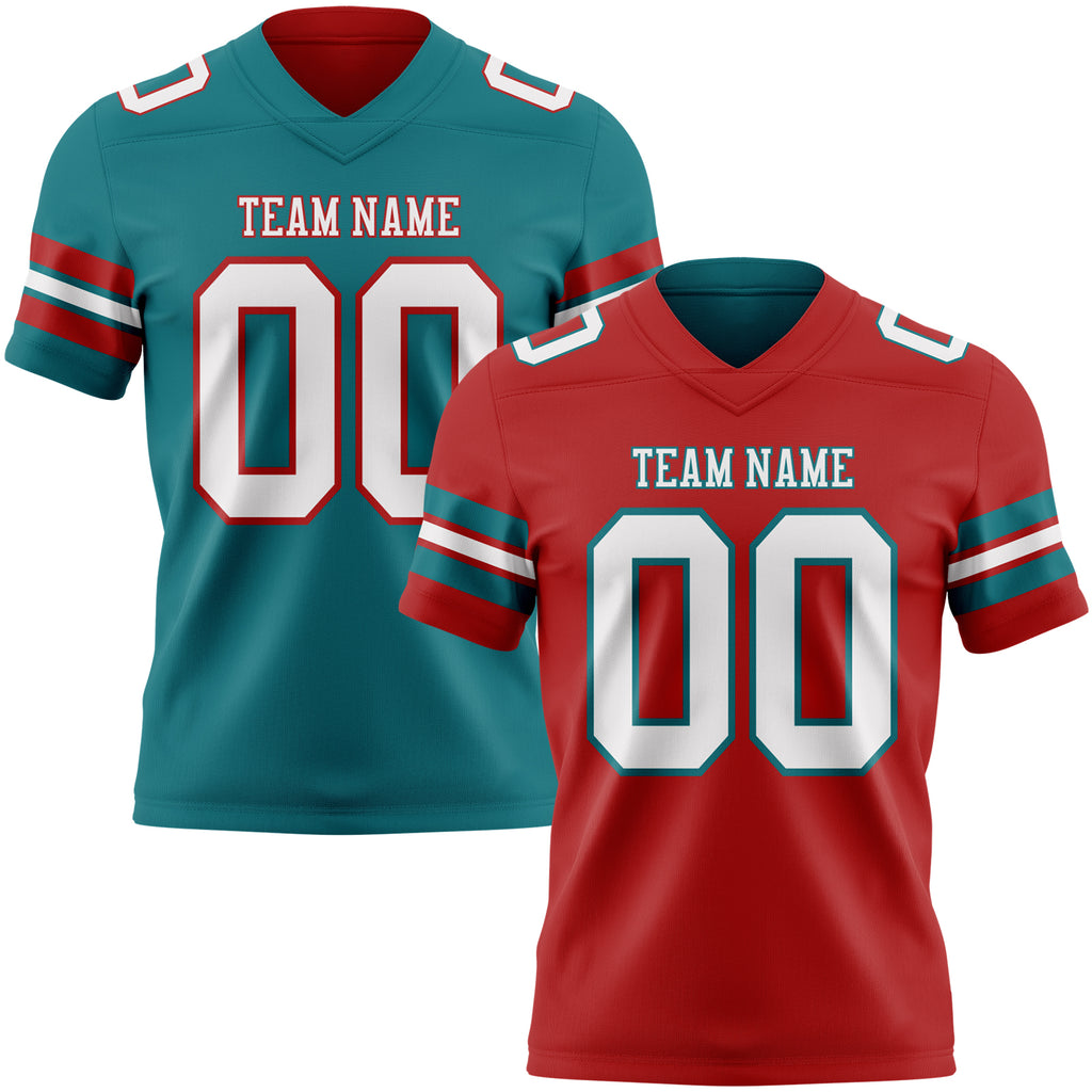 Custom Red White-Teal Reversible Double Side Authentic Football Jersey
