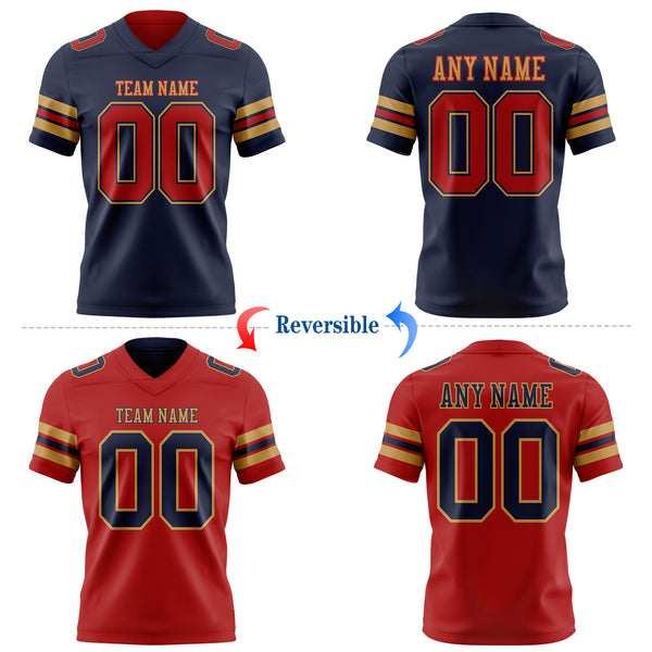 Custom Navy Red-Old Gold Reversible Double Side Authentic Football Jersey