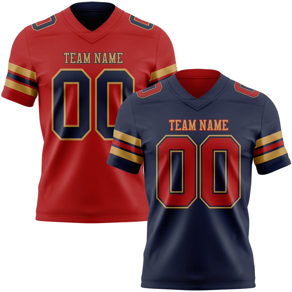 Custom Navy Red-Old Gold Reversible Double Side Authentic Football Jersey