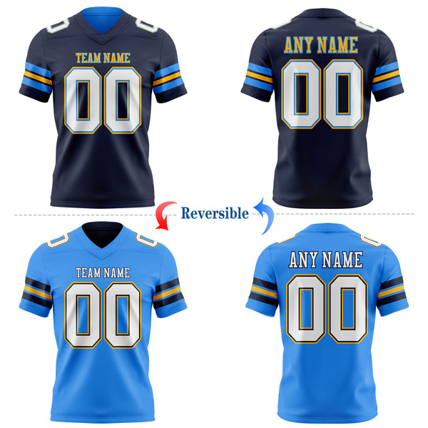 Custom Navy White Powder Blue-Gold Reversible Double Side Authentic Football Jersey