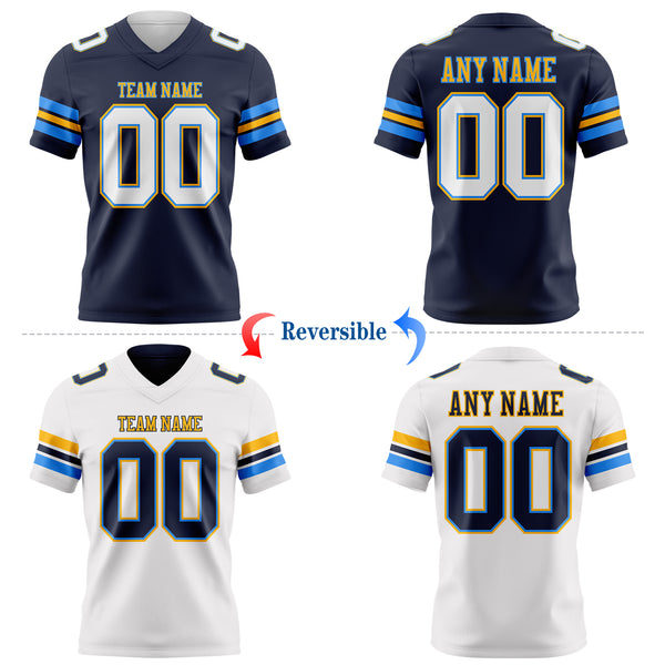 Custom Navy White Powder Blue-Gold Reversible Double Side Authentic Football Jersey