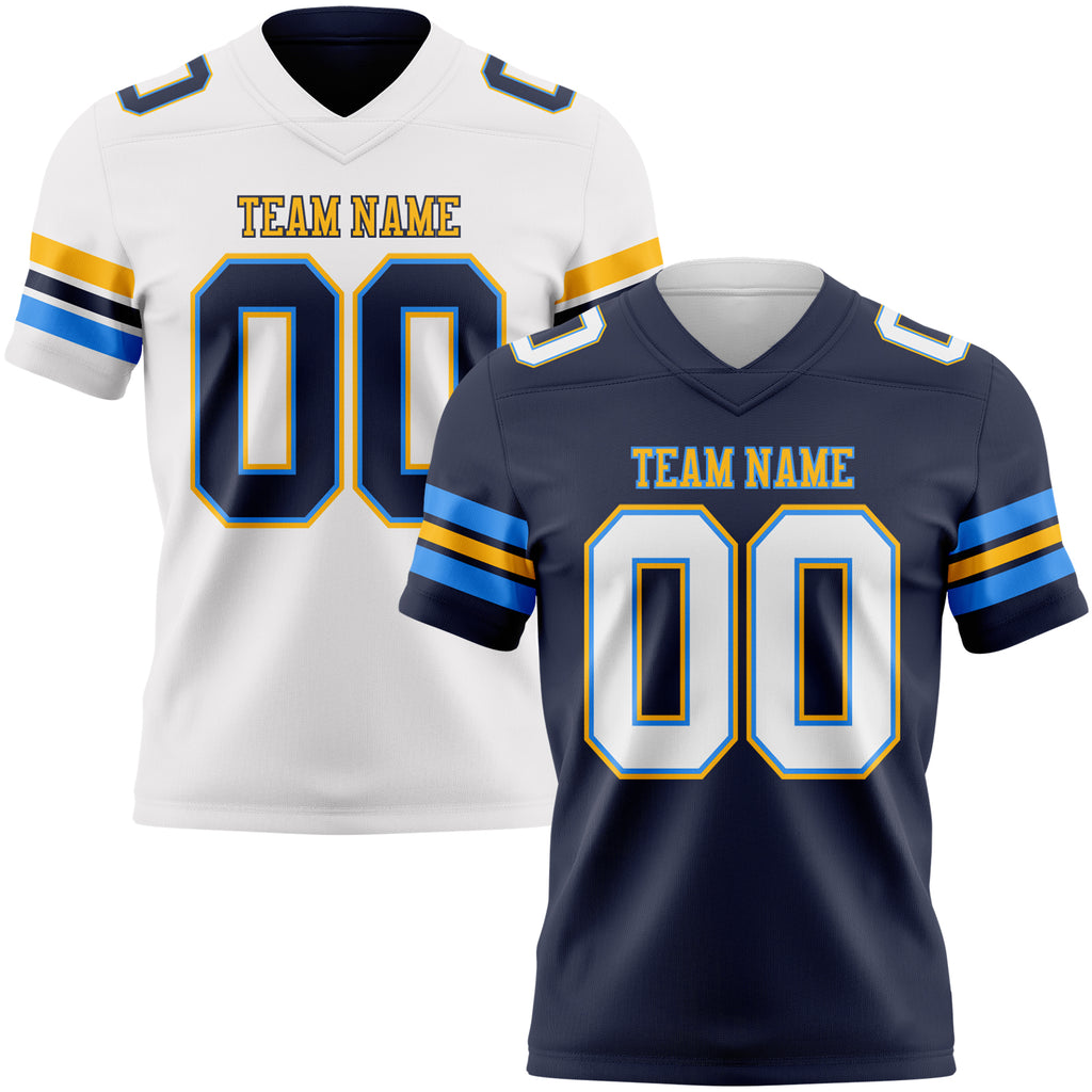 Custom Navy White Powder Blue-Gold Reversible Double Side Authentic Football Jersey