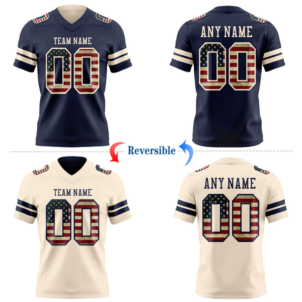 Custom Navy Vintage USA Flag-Cream Reversible Double Side Authentic Football Jersey