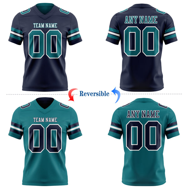 Custom Navy Teal-White Reversible Double Side Authentic Football Jersey