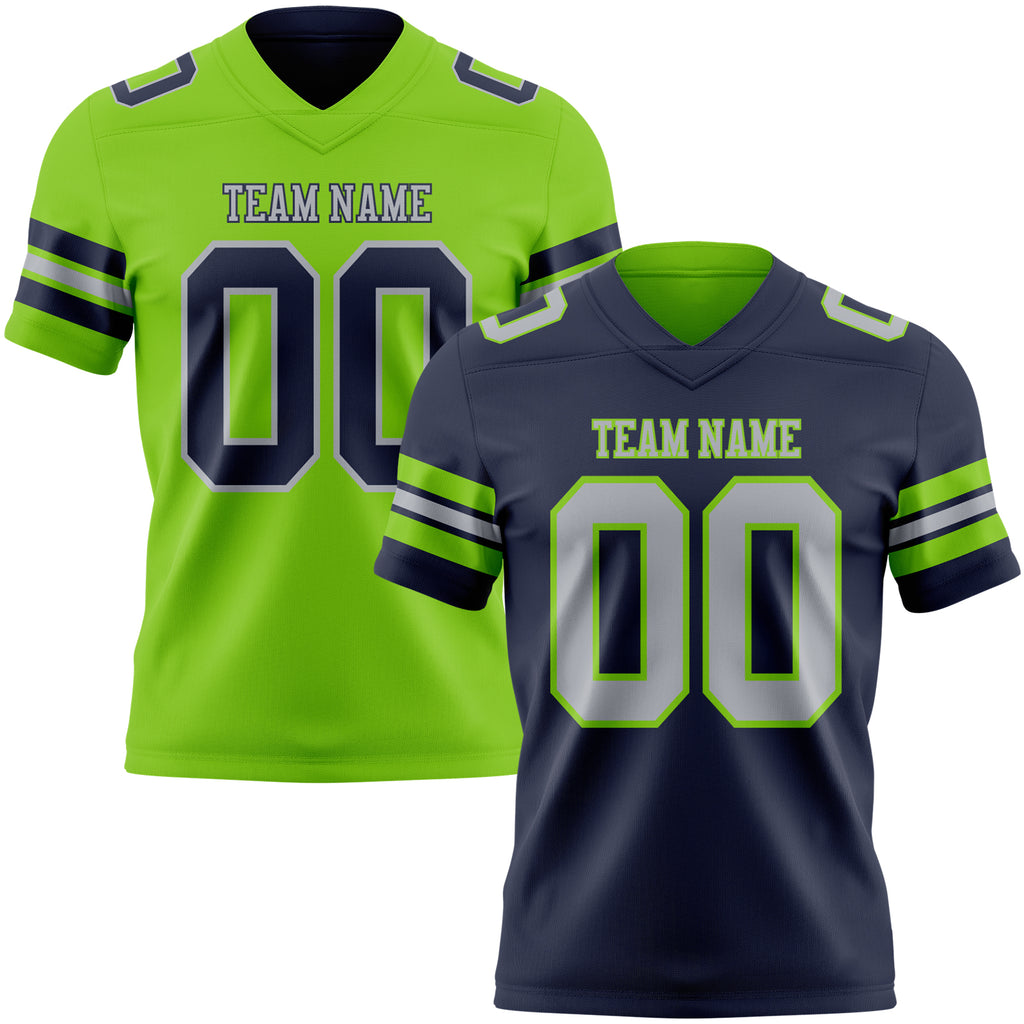 Custom Navy Gray-Neon Green Reversible Double Side Authentic Football Jersey