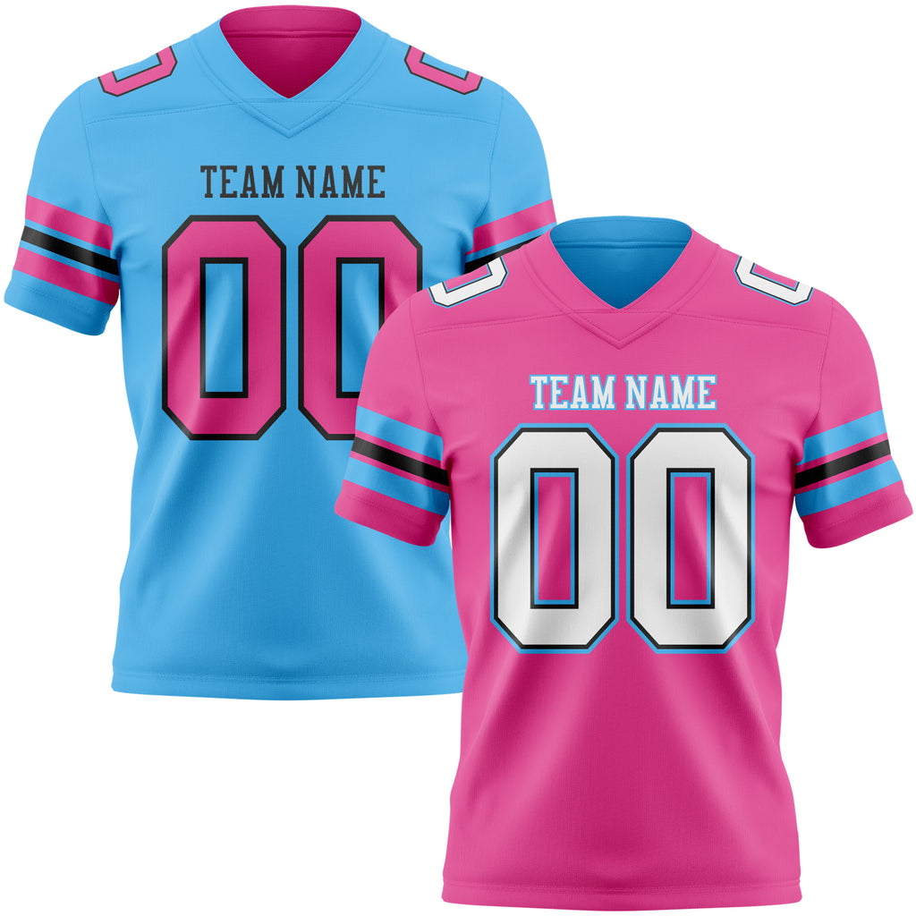 Custom Pink White Black-Sky Blue Reversible Double Side Authentic Football Jersey