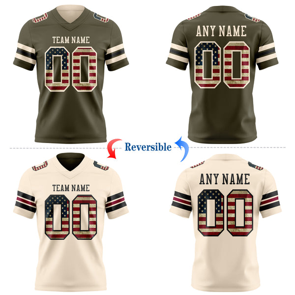 Custom Olive Vintage USA Flag-Cream Reversible Double Side Authentic Football Jersey