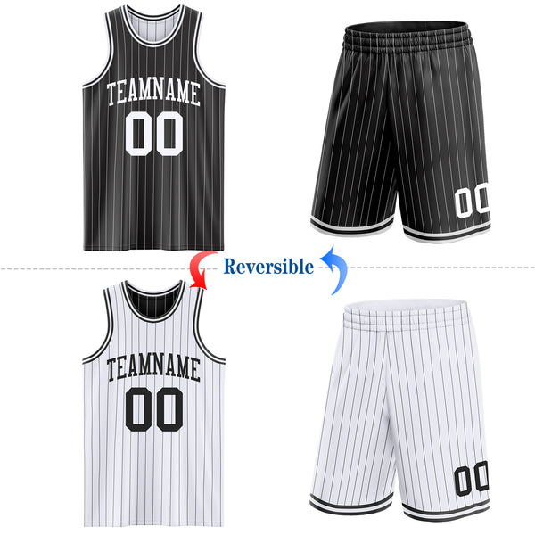 Custom Black White Pinstripe Reversible Double Side Sublimation Basketball Set Jersey