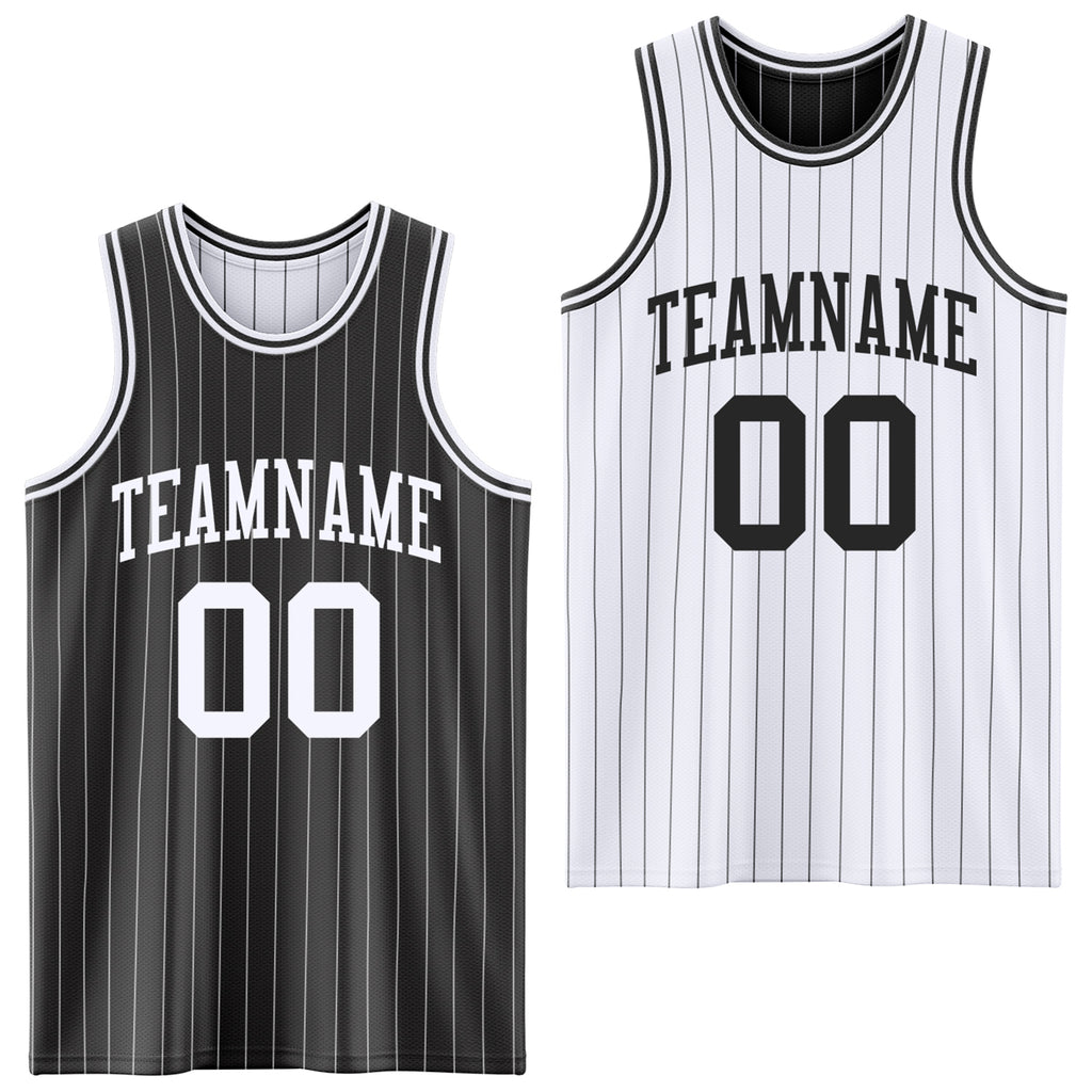 Custom Black White Pinstripe Reversible Double Side Sublimation Basketball Set Jersey