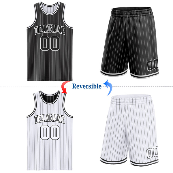 Custom Black White Pinstripe Reversible Double Side Sublimation Basketball Set Jersey