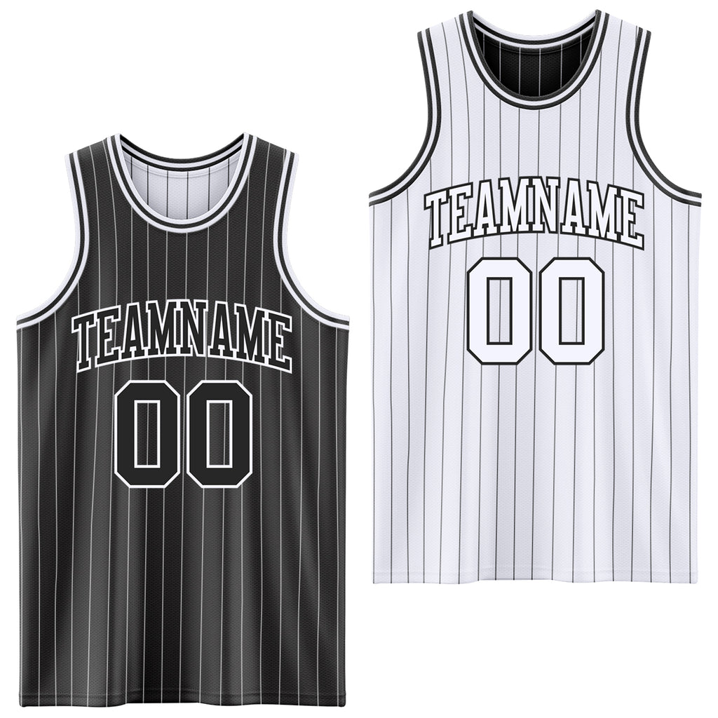 Custom Black White Pinstripe Reversible Double Side Sublimation Basketball Set Jersey