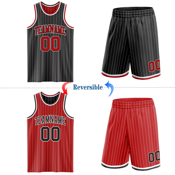 Custom Black White Pinstripe-Red Reversible Double Side Sublimation Basketball Set Jersey