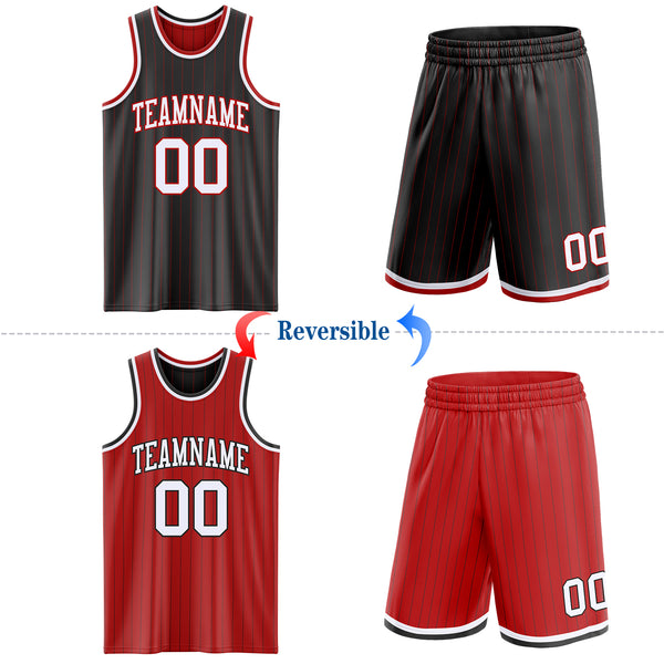 Custom Black Red Pinstripe-White Reversible Double Side Sublimation Basketball Set Jersey