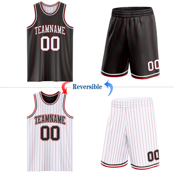 Custom Black Red Pinstripe-White Reversible Double Side Sublimation Basketball Set Jersey