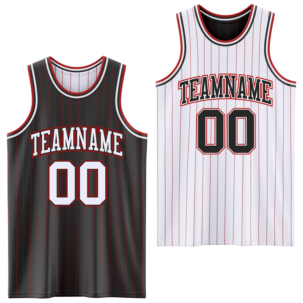 Custom Black Red Pinstripe-White Reversible Double Side Sublimation Basketball Set Jersey