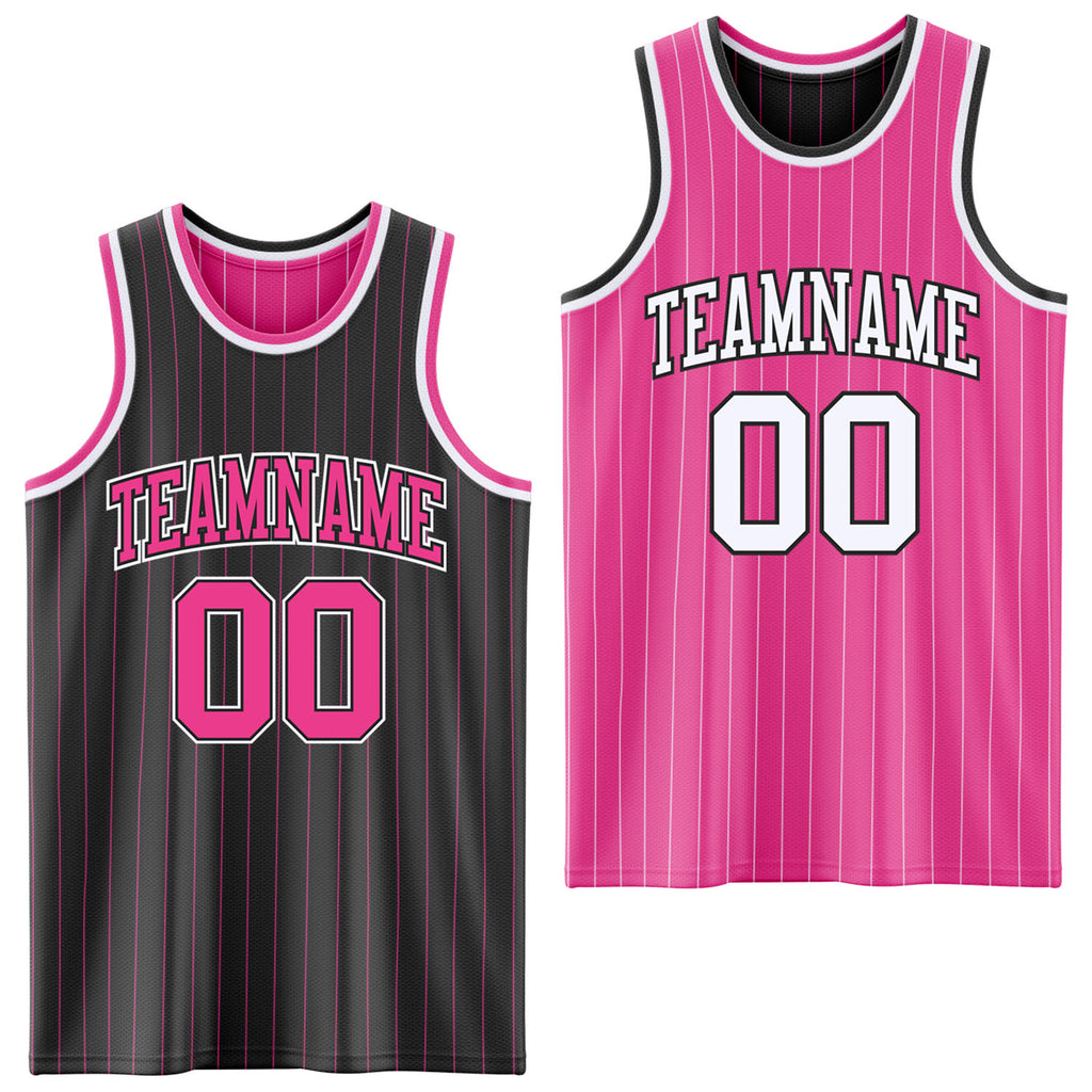 Custom Black Pink Pinstripe-White Reversible Double Side Sublimation Basketball Set Jersey
