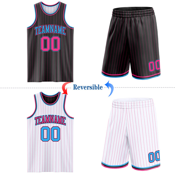 Custom Black Pink Pinstripe-Sky Blue Reversible Double Side Sublimation Basketball Set Jersey