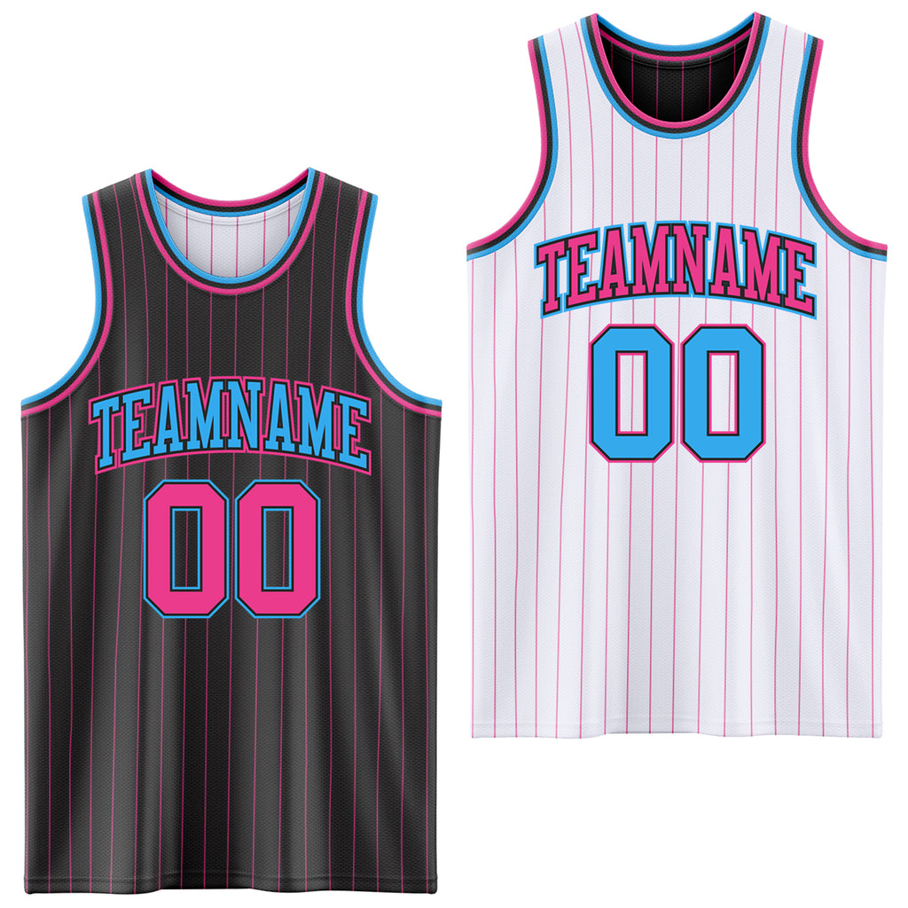 Custom Black Pink Pinstripe-Sky Blue Reversible Double Side Sublimation Basketball Set Jersey