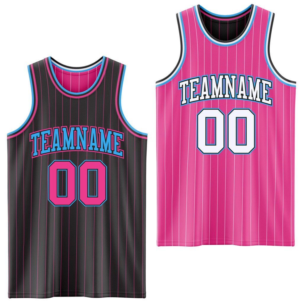 Custom Black Pink Pinstripe-Sky Blue Reversible Double Side Sublimation Basketball Set Jersey
