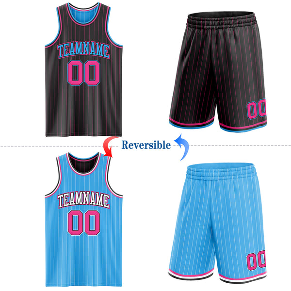 Custom Black Pink Pinstripe-Sky Blue Reversible Double Side Sublimation Basketball Set Jersey