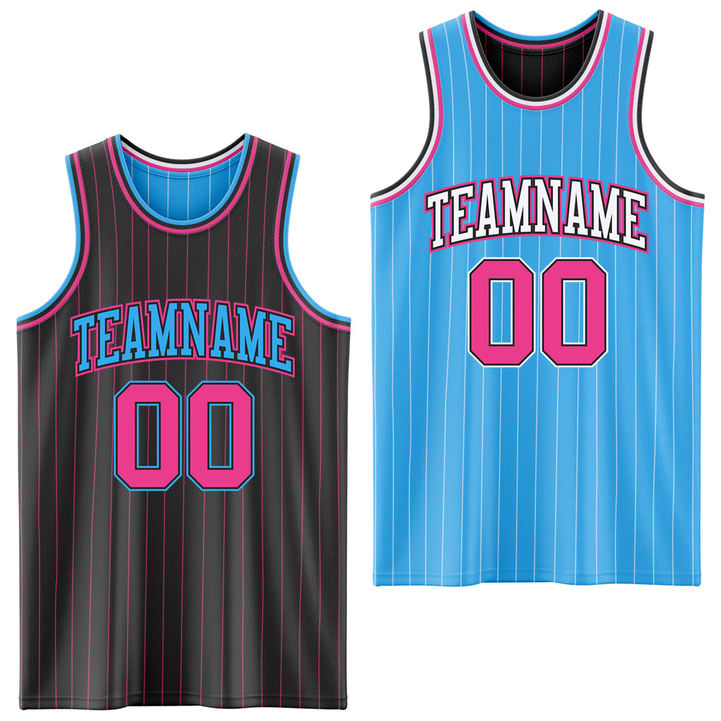 Custom Black Pink Pinstripe-Sky Blue Reversible Double Side Sublimation Basketball Set Jersey