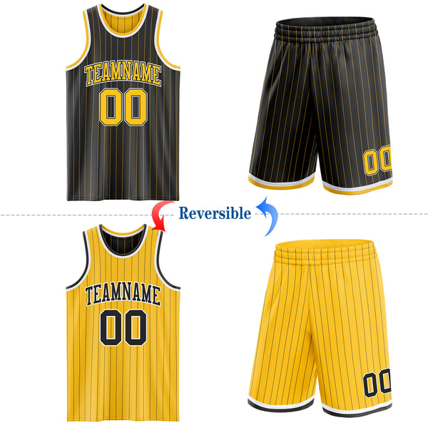 Custom Black Gold Pinstripe-White Reversible Double Side Sublimation Basketball Set Jersey