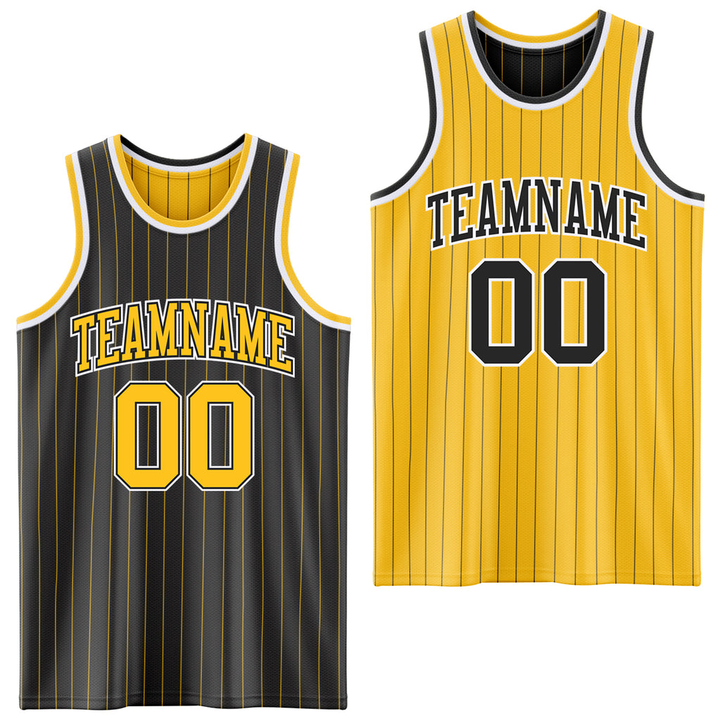 Custom Black Gold Pinstripe-White Reversible Double Side Sublimation Basketball Set Jersey