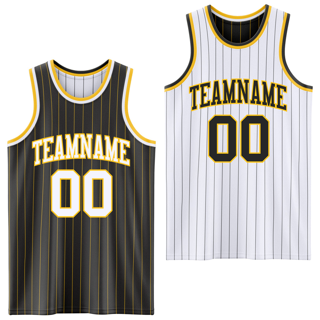 Custom Black Gold Pinstripe-White Reversible Double Side Sublimation Basketball Set Jersey