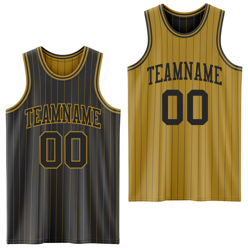 Custom Black Old Gold Pinstripe Reversible Double Side Sublimation Basketball Set Jersey