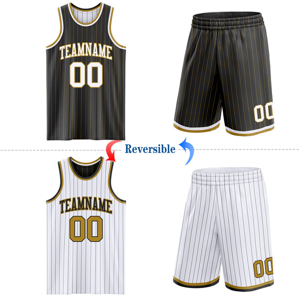 Custom Black Old Gold Pinstripe-White Reversible Double Side Sublimation Basketball Set Jersey