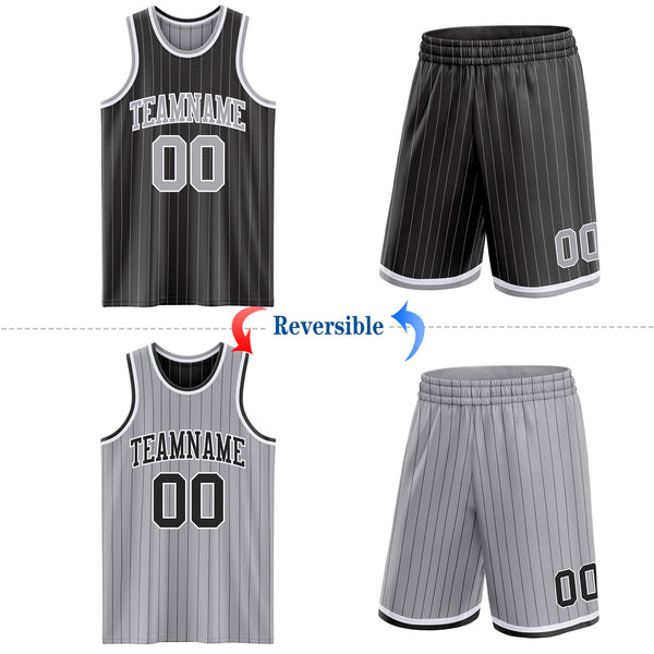 Custom Black Gray Pinstripe-White Reversible Double Side Sublimation Basketball Set Jersey