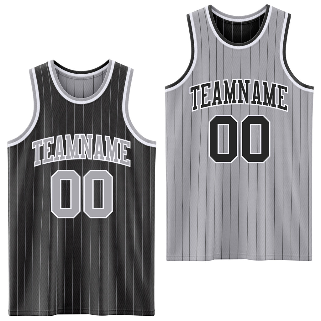 Custom Black Gray Pinstripe-White Reversible Double Side Sublimation Basketball Set Jersey